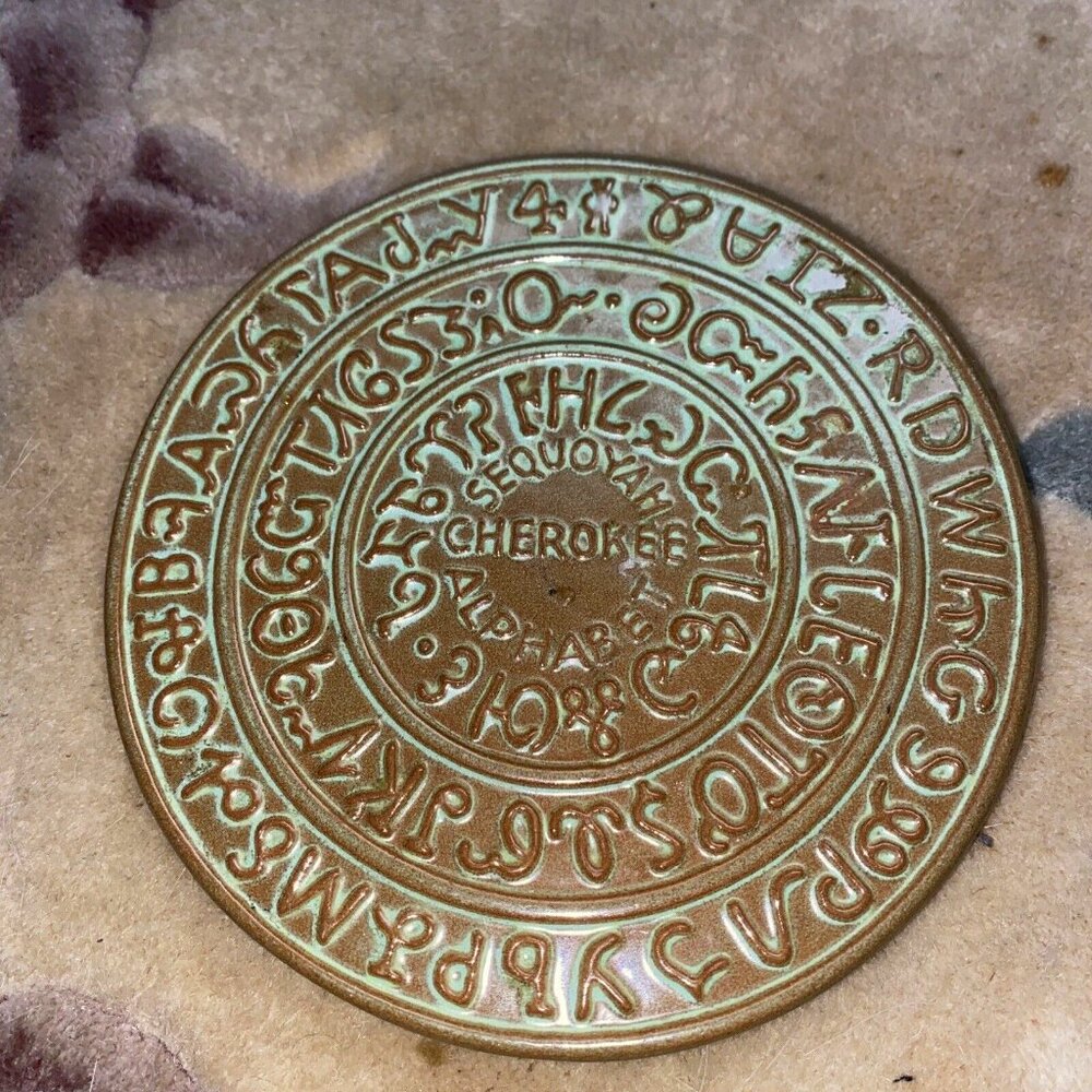 Frankoma Pottery Trivet Cherokee Alphabet Sequoyah Prairie Green 6 1/2"